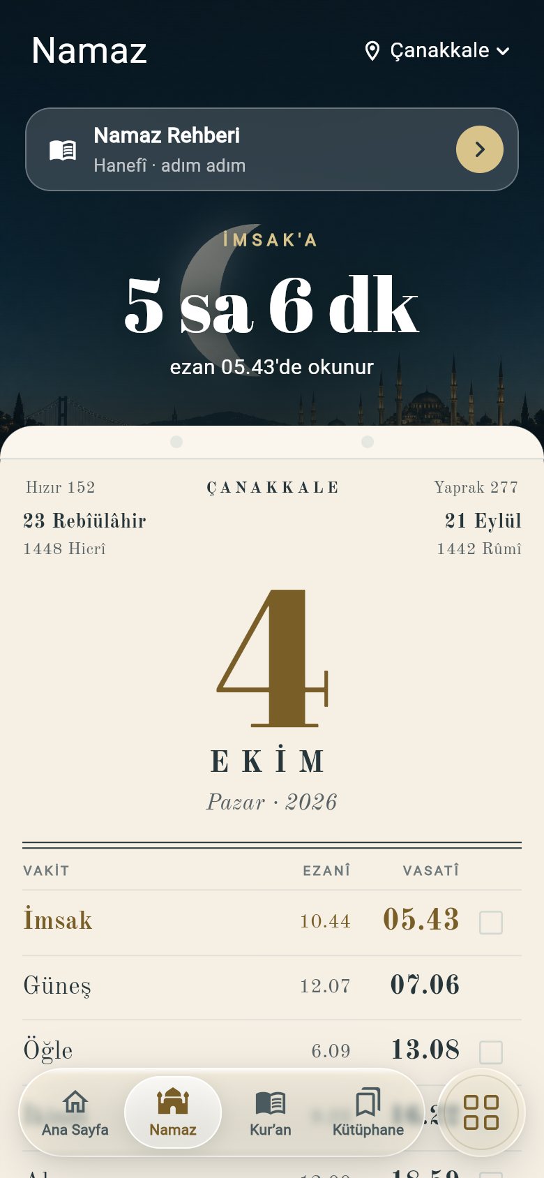 Namaz takvim yaprağı ekranı