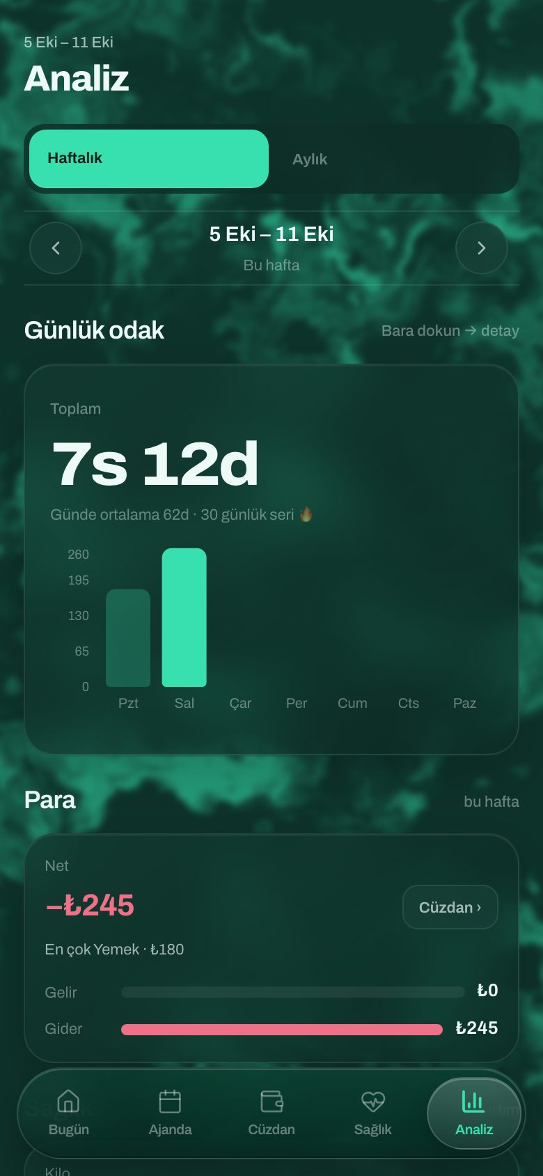 Planla Analiz ekranı: haftalık odak