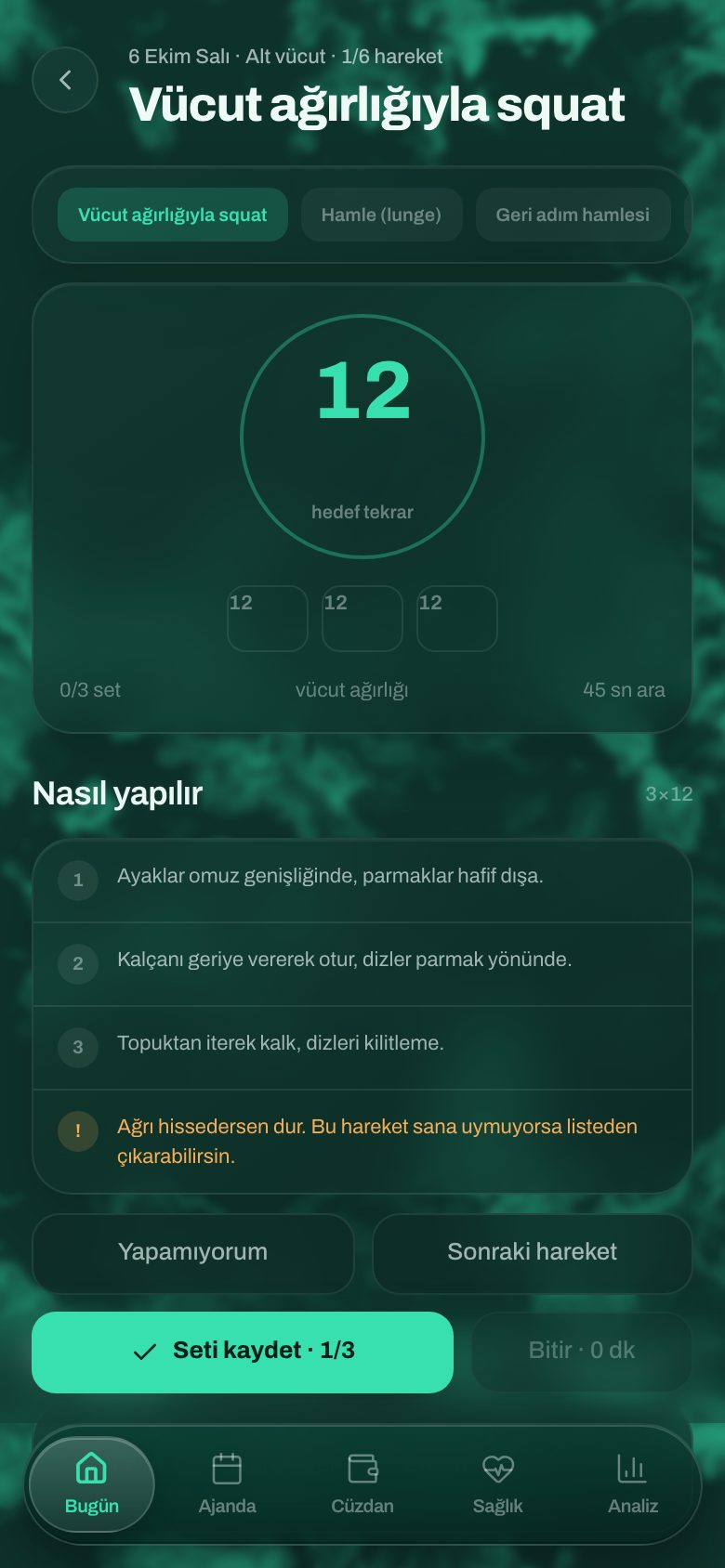 Planla antrenman ekranı: set set işaretleme