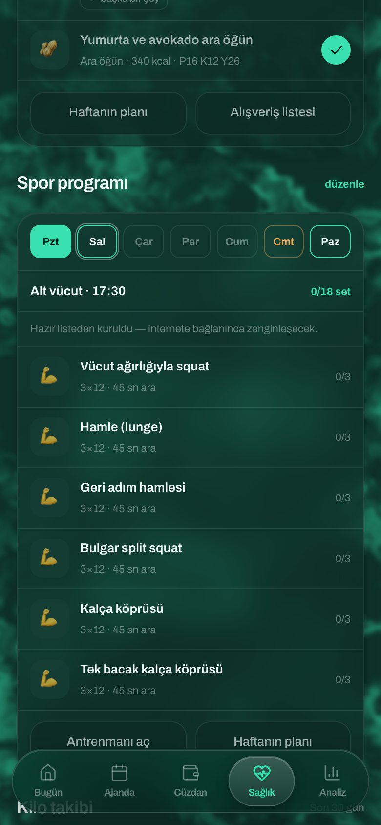 Planla Sağlık ekranı: günün diyet programı