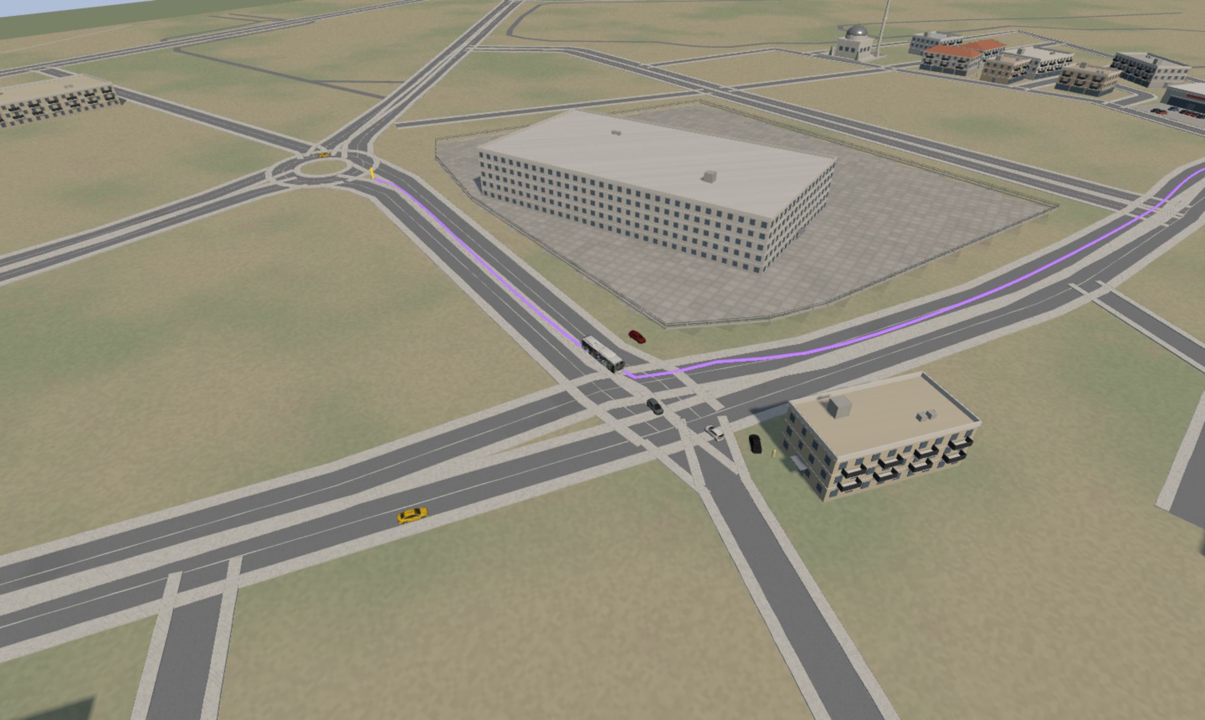 Transit3D sahnesi: Ç3 otobüsü kavşağa yaklaşıyor, mor hat çizgisi ve çevredeki binalar